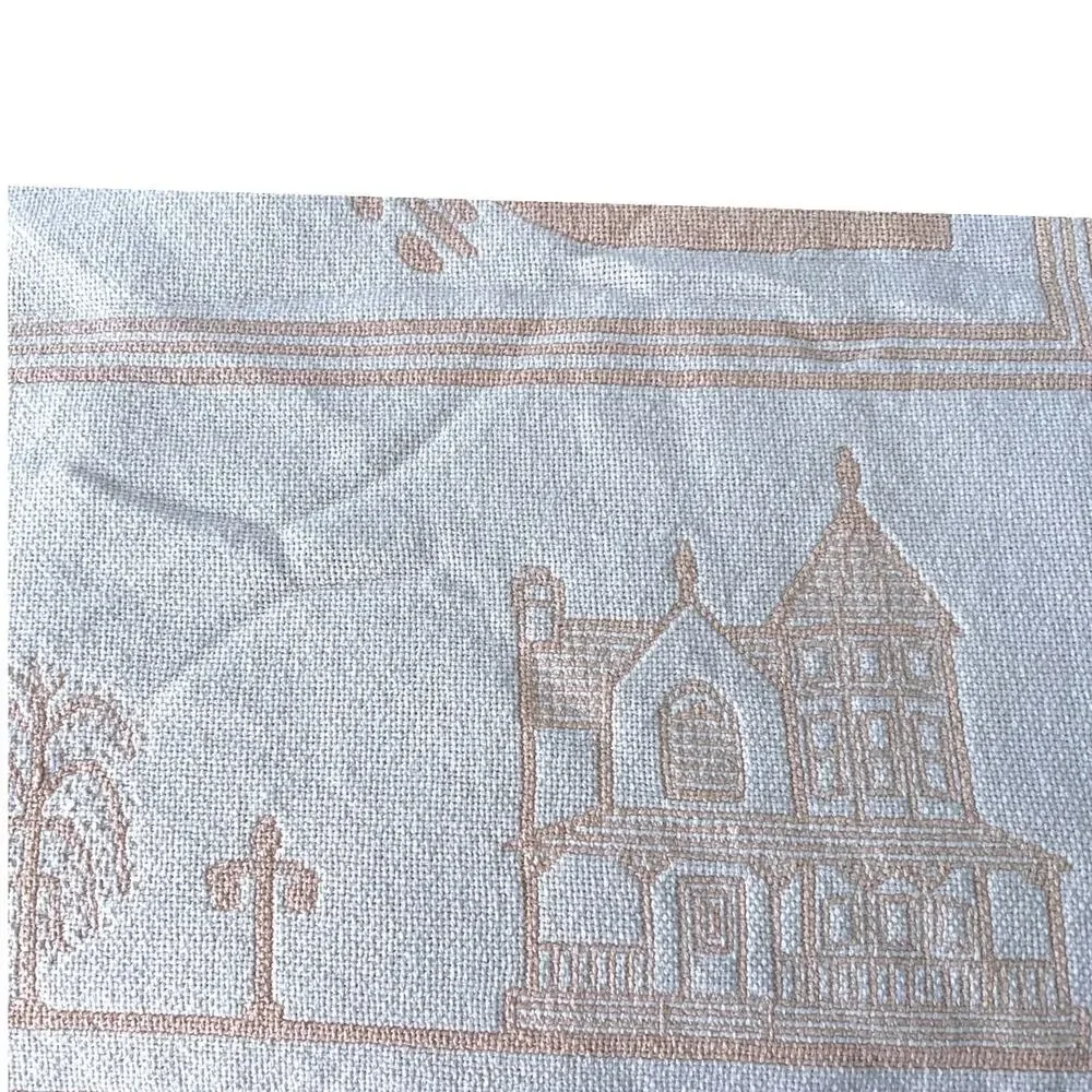 vintage 90's woven tapestry throw blanket woven fringe hearts houses peach